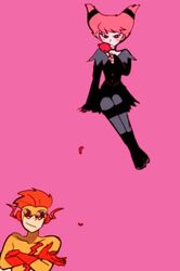  1boy 1girl bodysuit cartoon_network couple dc_comics dress flower gloves jinx kid_flash mask orange_hair pink_hair rose striped striped_legwear teen_titans wally_west 