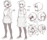 1girl ahoge bow breasts character_name character_sheet dual_persona english expressions hair_bow hairband hanako_(naso4) large_breasts mary_janes monochrome naso4 original pantyhose school_uniform shoes short_hair smirk solo standing suspenders tongue tongue_out youkai 