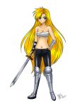  1girl armor blonde_hair blue_eyes janne_d&#039;arc leather leather_pants long_hair neo_geo pants sword weapon world_heroes 