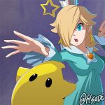  1girl artist_name blonde_hair blue_eyes chiko_(mario) crown dress ffsade hair_over_one_eye jewelry lowres super_mario_bros. nintendo open_mouth rosetta_(mario) star super_mario_bros. super_mario_galaxy wand watermark 