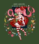  1girl bangs blunt_bangs cheese_ming christmas dress long_hair looking_at_viewer merry_christmas one_piece perona pink_hair red_legwear smile solo striped striped_legwear stuffed_animal stuffed_toy thigh-highs twintails white_legwear 