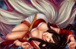  1girl ahri animal_ears black_hair breasts cleavage detached_sleeves female floor fox_ears fox_tail frozentofu japanese_clothes kyuubi large_breasts league_of_legends lips long_hair looking_at_viewer lying multiple_tails smile solo tail traditional_clothes yellow_eyes 