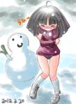  1girl black_hair clenched_teeth closed_eyes cold snow snowman teeth trembling winter 