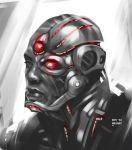  10s 1boy 2014 artist_name cyborg cyborg_(dc) dark_skin dawn_of_justice dc_comics dccu glowing glowing_eye grey_background huy_wee_dinh justice_league male_focus mechanical_eye one-eyed portrait realistic sketch solo spot_color victor_stone 