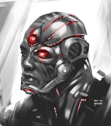  10s 1boy 2014 artist_name cyborg cyborg_(dc) dark_skin dawn_of_justice dc_comics dccu glowing glowing_eye grey_background huy_wee_dinh justice_league male_focus mechanical_eye one-eyed portrait realistic sketch solo spot_color victor_stone 