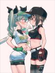  2girls anchovy_(girls_und_panzer) bangs baseball_bat baseball_cap baseball_mitt baseball_uniform bike_shorts bike_shorts_under_shorts black_headwear black_ribbon black_shirt black_shorts blush breath brown_eyes brown_hair closed_eyes clothes_writing commentary_request crop_top cross drill_hair eisu_(eith) emblem from_side girls_und_panzer girls_und_panzer_senshadou_daisakusen! gloves green_belt green_gloves green_hair grey_background grimace hair_ribbon half-closed_eyes hand_on_another&#039;s_stomach hand_on_hip hat heart highres holding holding_baseball_bat iron_cross kuromorimine_(emblem) long_hair looking_at_another midriff multiple_girls navel nishizumi_maho over_shoulder partial_commentary print_headwear print_shirt revealing_clothes ribbon romaji_text shirt short_hair short_sleeves shorts simple_background skindentation sleeveless sleeveless_shirt smile sportswear standing sweat thigh-highs translated twin_drills twintails visor_cap white_headwear white_shirt white_shorts yuri 