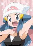  1girl armpits blue_eyes blue_hair breasts cap hainchu happy hikari_(pokemon) looking_at_viewer open_mouth pokemon small_breasts smile solo 