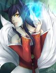  1girl ahri animal_ears artist_request bare_shoulders black_hair breasts detached_sleeves energy_ball fox_ears korean_clothes large_breasts league_of_legends lips long_hair nose solo yellow_eyes 
