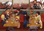  1girl 6+boys alternate_costume basil_hawkins black_hair blonde_hair blue_hair booth brown_hair capone_gang_bege contemporary cup diner eating eustass_captain_kid food formal glasses green_hair hair_bun headphones jewelry_bonney killer_(one_piece) long_hair monkey_d_luffy multiple_boys noodles one_piece pink_hair ponytail redhead roronoa_zoro sano scar scratchmen_apoo sitting sleeping smile suit supernova table trafalgar_law urouge x_drake 