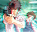  1boy 1girl aiming anaglyph black_hair brown_eyes brown_hair dominator_(gun) formal gun handgun kougami_shin&#039;ya necktie nyoronyoro psycho-pass short_hair tsunemori_akane weapon 