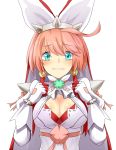  1girl ahoge arc_system_works blush breasts bridal_veil cleavage clover dress elphelt_valentine female four-leaf_clover gloves green_eyes guilty_gear guilty_gear_xrd huge_breasts looking_at_viewer pink_hair ribbon short_hair solo spikes tears veil wedding_dress yamato_(muchuu_paradigm) 