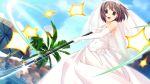  1girl brown_eyes brown_hair dress elbow_gloves game_cg gloves highres kitami_minamo koutaro open_mouth short_hair tropical_kiss tropical_vacation twinkle_(company) wedding_dress 