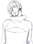  1boy indigoissy lowres male_focus monochrome one_piece open-chest_sweater sanji sketch solo sweater 