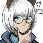  10s 1girl 2014 a-type_corporation animal_ears bespectacled blue_eyes claws dated face female glasses ms._fortune_(skullgirls) nail_polish scar short_hair skullgirls solo white_hair 