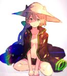  1girl absurdres animal_hat blonde_hair blurry blush_stickers breasts collarbone enj! green_eyes hair_between_eyes hat highres indian_style jacket jacket_on_shoulders looking_at_viewer open_clothes open_jacket original parted_lips rainbow short_hair sitting small_breasts solo 