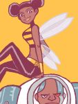  1boy 1girl bald bumble_bee cartoon_network cyborg cyborg_(dc) dark_skin dc_comics double_bun karen_beecher shirt smile striped striped_shirt teen_titans victor_stone wings 