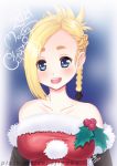  10s 1girl 2014 bare_shoulders blonde_hair blue_eyes braid christmas dated final_fantasy final_fantasy_xiv fur_trim looking_at_viewer merry_christmas minfilia open_mouth signature solo watermark web_address 