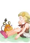  blonde_hair blue_eyes child dedenne eureka_(pokemon) flower hainchu pokemon 