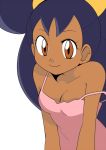  1girl breasts brown_eyes cleavage dark_skin hainchu iris_(pokemon) looking_at_viewer pajamas pokemon purple_hair simple_background smile solo strap_slip white_background 