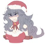  1girl @_@ blush breasts christmas cleavage hat hex_maniac_(pokemon) npc_trainer pokemon purple_hair santa_costume santa_hat violet_eyes 