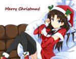  1girl black_legwear blue_eyes brown_hair christmas fate/stay_night fate_(series) hair_down hat long_hair long_legs sack santa_costume santa_hat solo thigh-highs tohsaka_rin wata 