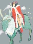  1girl beast_boy_(dc) bindi christmas cloak dc_comics forehead_jewel garfield_logan leotard purple_hair raven_(dc) reindeer riding sitting teen_titans 