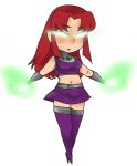  1girl alien boots cartoon_network chibi dc_comics flying glowing glowing_eyes midriff purple_skirt redhead skirt solid_eyes solo starfire teen_titans thigh-highs thigh_boots 