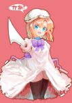  1girl :d blue_eyes dress eyebrows_visible_through_hair hat hatchet higurashi_no_naku_koro_ni hiragana holding holding_hatchet holding_weapon open_mouth orange_hair purple_ribbon red_background ribbon ryuuguu_rena smile solo speech_bubble thigh-highs uptwo weapon white_dress white_headwear 