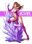  1girl boots breasts brown_hair carol_ferris center_opening character_name cleavage crystal dc_comics gem gloves green_lantern_(series) highres jewelry ken_(kenshjn_park) kenshjn_park knee_boots large_breasts long_hair looking_at_viewer navel pink_boots pink_eyes revealing_clothes ring simple_background solo star_sapphire_(dc) star_sapphire_(dc_comics) thigh-highs thigh_boots white_background 