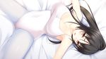  1girl bed black_hair blush breasts cleavage collarbone game_cg huge_breasts kongou_azusa legs leotard long_hair looking_at_viewer lying ojou-sama_wa_katai_no_ga_osuki!_shinsei_naru_joshiryou_nikki on_back orange_eyes pazma ponytail satofuji_masato solo thighs 