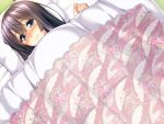  1girl amakano black_hair blue_eyes blush game_cg iromizu long_hair pillow smile takayashiro_sayuki 