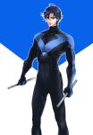  1boy batman_(series) black_hair blue_eyes bodysuit dc_comics dick_grayson dual_wielding escrima_stick male_focus nightwing solo standing weapon 