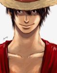  1boy black_hair hat indigoissy male_focus monkey_d_luffy one_piece open_clothes open_shirt red_shirt scar shirt smile solo straw_hat 