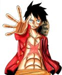 1boy black_hair long_sleeves male_focus monkey_d_luffy one_piece open_clothes open_shirt red_shirt scar shirt solo 