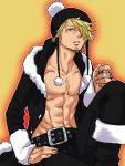  1boy abs belt blonde_hair chest cigarette facial_mark fur_trim hat jacket kuri_(pienu) male_focus one_piece open_clothes open_jacket sanji solo 