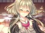  1girl amakano blush brown_hair closed_eyes coat game_cg jewelry kanbayashi_mizuki long_hair mole necklace piromizu smile solo 