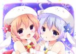  2girls bare_shoulders blue_eyes blue_hair blush brown_hair fur_trim gochuumon_wa_usagi_desu_ka? hair_ornament hat hoto_cocoa interlocked_fingers kafuu_chino looking_at_viewer multiple_girls open_mouth short_hair tippy_(gochuumon_wa_usagi_desuka?) violet_eyes 