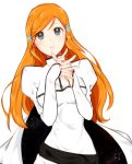 1girl bangs bleach breasts deng_(vlvlthfk) dress grey_eyes hair_ornament hands_up inoue_orihime long_hair long_sleeves looking_at_viewer open_mouth orange_hair puffy_long_sleeves puffy_sleeves simple_background solo tears upper_body white_background white_dress 