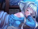  1girl amakano bed blush brown_hair closed_eyes game_cg kanbayashi_mizuki open_mouth pillow piromizu solo 