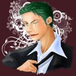  1boy formal green_hair male_focus necktie one-eyed one_piece roronoa_zoro solo suit 
