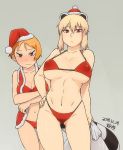  2girls animal_ears araiguma-san bangs bikini blonde_hair blush blush_stickers breasts breasts_apart brown_eyes brown_hair christmas cleavage dated embarrassed erect_nipples expressionless frown gluteal_fold grey_background hand_on_hip hat highleg highleg_bikini highleg_swimsuit large_breasts looking_at_viewer micro_bikini mini_hat multiple_girls navel orange_hair original parted_bangs raccoon_ears raccoon_tail red_bikini red_eyes sack santa_costume santa_hat short_hair sidelocks standing strap_gap sweatdrop swimsuit tail toned tsukudani_(coke-buta) tsurime tsurime-chan under_boob vest 