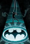  1boy bat_(symbol) batman_(series) bodysuit circus dc_comics dick_grayson male_focus nightwing solo spotlight trapeze upside-down 