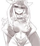  1girl breasts cape cleavage detached_sleeves elbow_gloves gloves hat heart large_breasts long_hair monochrome naso4 pirate_hat senran_kagura senran_kagura_(series) senran_kagura_shinovi_versus shiki_(senran_kagura) simple_background skull smile smirk solo 