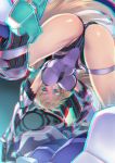  1girl anaglyph angela_balzac ass bare_shoulders blonde_hair blue_eyes bodysuit breasts covered_navel elbow_gloves gloves headgear jpeg_artifacts large_breasts leotard long_hair looking_at_viewer low_twintails matsuryuu rakuen_tsuihou solo spread_legs thigh_strap top-down_bottom-up twintails very_long_hair 