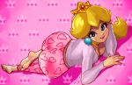  1girl ass barefoot blonde_hair blue_eyes breasts cleavage crown earrings edit feet heart huge_ass jewelry lips lipstick looking_at_viewer lying makeup super_mario_bros. nintendo photoshop pink_lips princess_peach robert_porter soles solo super_mario_bros. thong toes wide_hips 