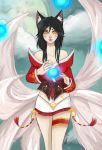  1girl ahri animal_ears artist_request black_hair breasts cleavage energy_ball female fox_ears fox_tail japanese_clothes kyuubi large_breasts league_of_legends long_hair looking_at_viewer multiple_tails solo tail traditional_clothes yellow_eyes 