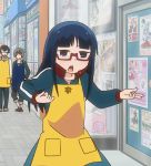  1girl 2boys animated animated_gif apron black_hair denki-gai_no_hon&#039;ya-san glasses kantoku_(denki-gai) long_hair multiple_boys open_mouth red-framed_glasses semi-rimless_glasses sensei_(denki-gai) umio_(denki-gai) 