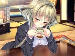  1girl amakano blush brown_hair closed_eyes cup game_cg kanbayashi_mizuki mole piromizu smile solo 