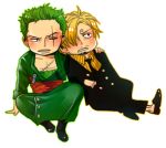  2boys blonde_hair chibi facial_hair formal goatee green_hair hair_over_one_eye male_focus multiple_boys one-eyed one_piece robe roronoa_zoro sanji scar sitting suit 