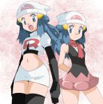  blue_eyes blue_hair cosplay dual_persona hainchu hikari_(pokemon) navel pokemon team_rocket team_rocket_(cosplay) 